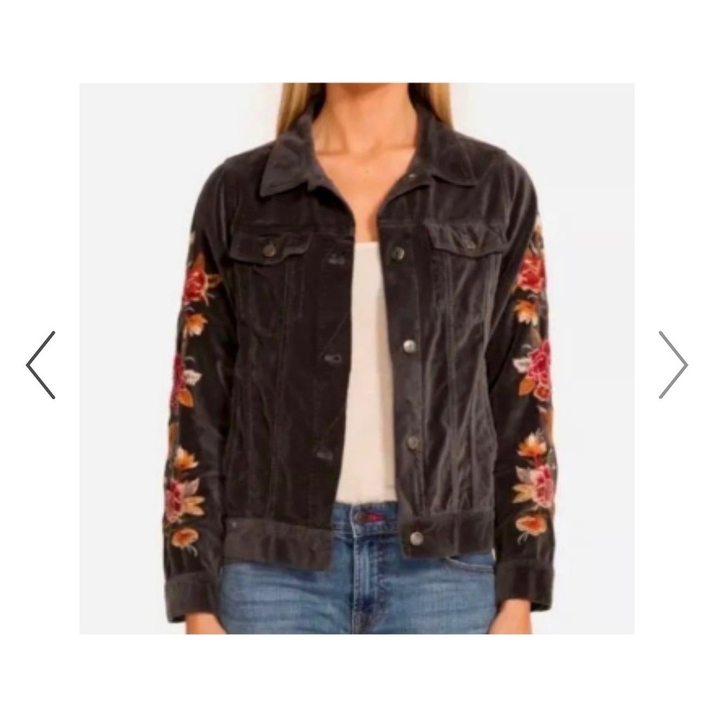 Johnny Was Workshop Corduroy Floral Embroidered Trucker Jacket Womens L Gray - Picture 2 of 14
